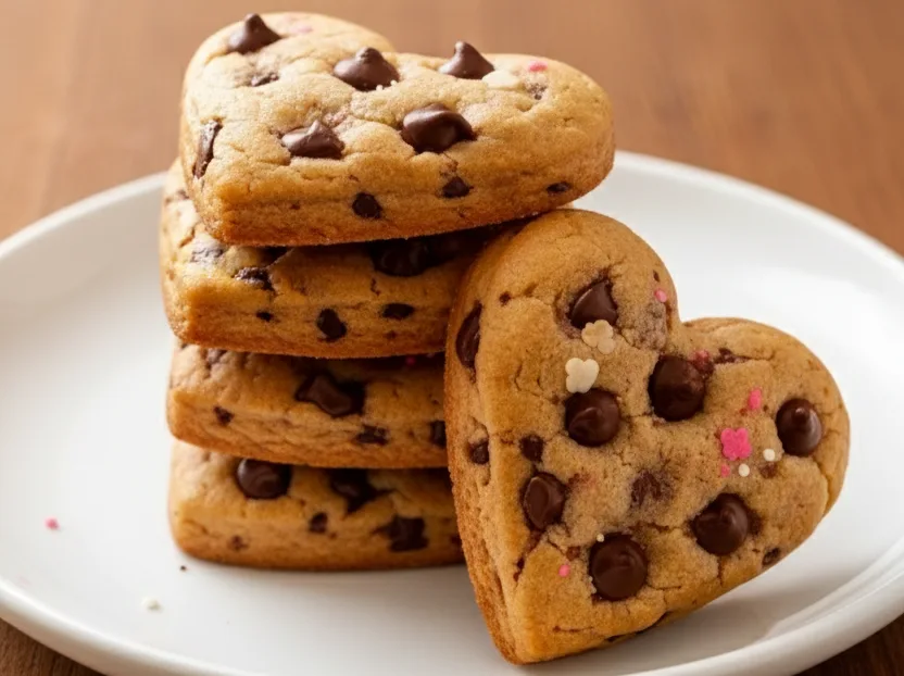 Heart shaped chocolate chip cookies stacked on a white plate with golden edges and melted chocolate chips on a wooden surface