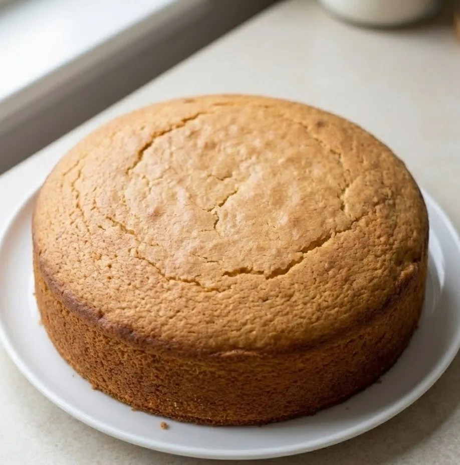 Homemade vanilla sponge cake with matte golden crust on white ceramic plate, soft airy texture and natural crack pattern on top