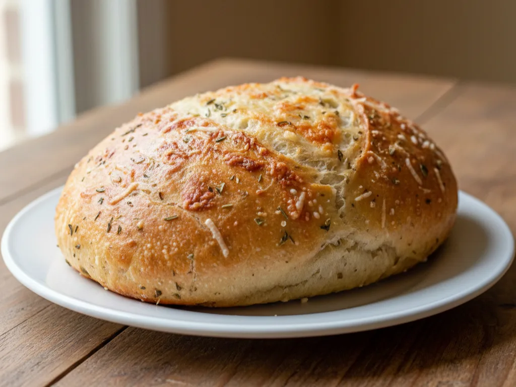 Golden Italian herb and cheese bread on a white plate over a wooden table