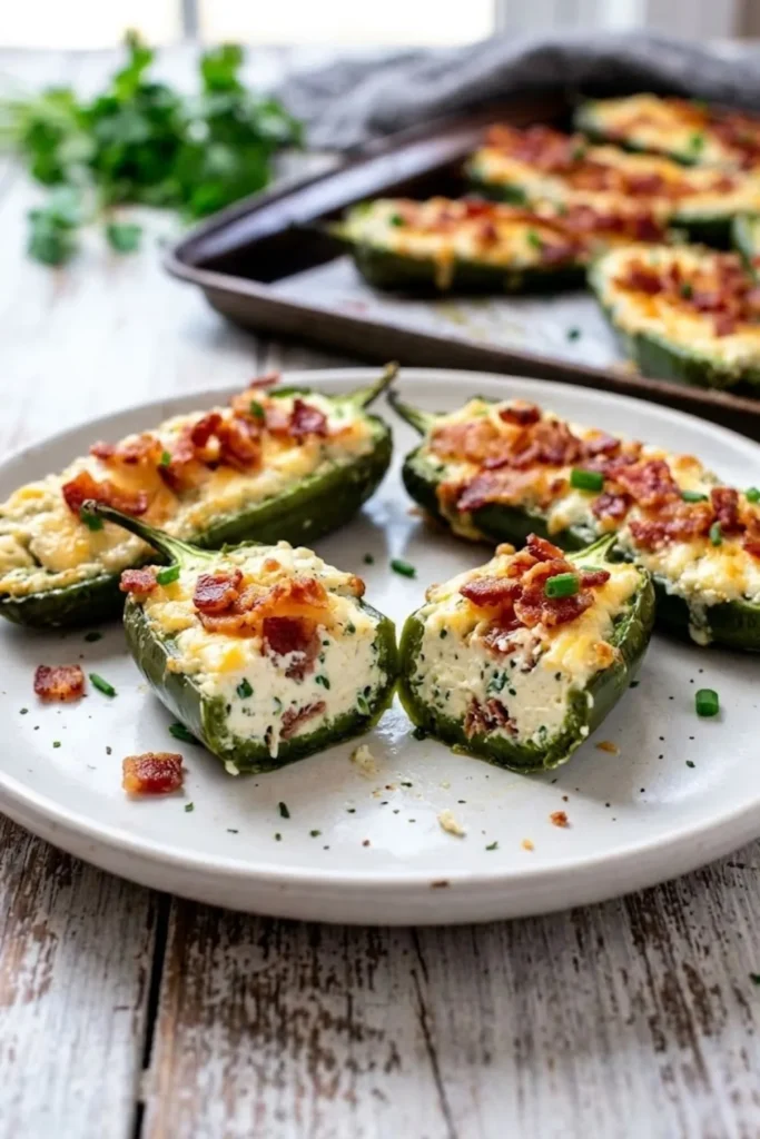 Keto Jalapeno Popper Bites cut in half showing creamy cheese filling and bacon on a white plate