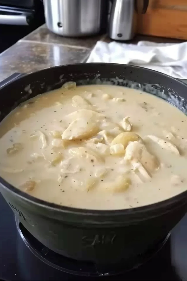 Creamy Keto White Chicken Chili cooking in a pot with shredded chicken and thick low carb white sauce