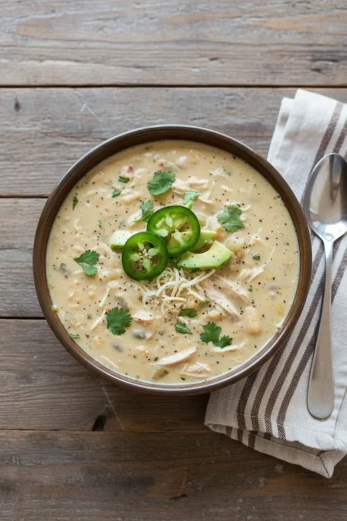 Overhead view of creamy Keto White Chicken Chili topped with avocado, jalapeños, cilantro, and shredded cheese