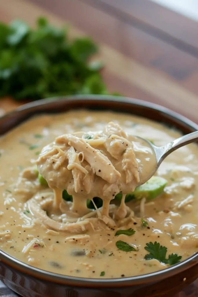 Spoon lifting creamy Keto White Chicken Chili with shredded chicken and melted cheese in thick low carb white sauce