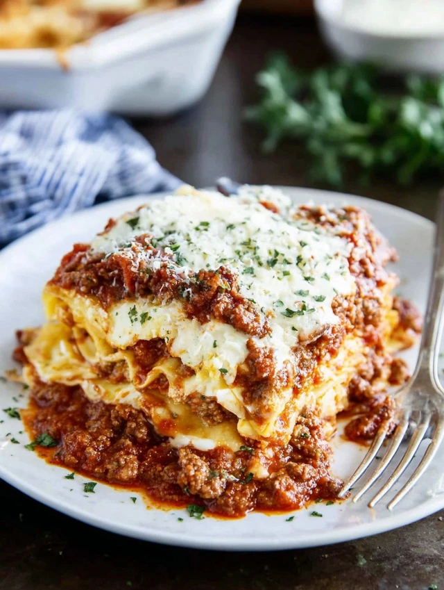 Close-up slice of classic lasagna recipe with rich meat sauce, creamy ricotta layers, and melted mozzarella on white plate