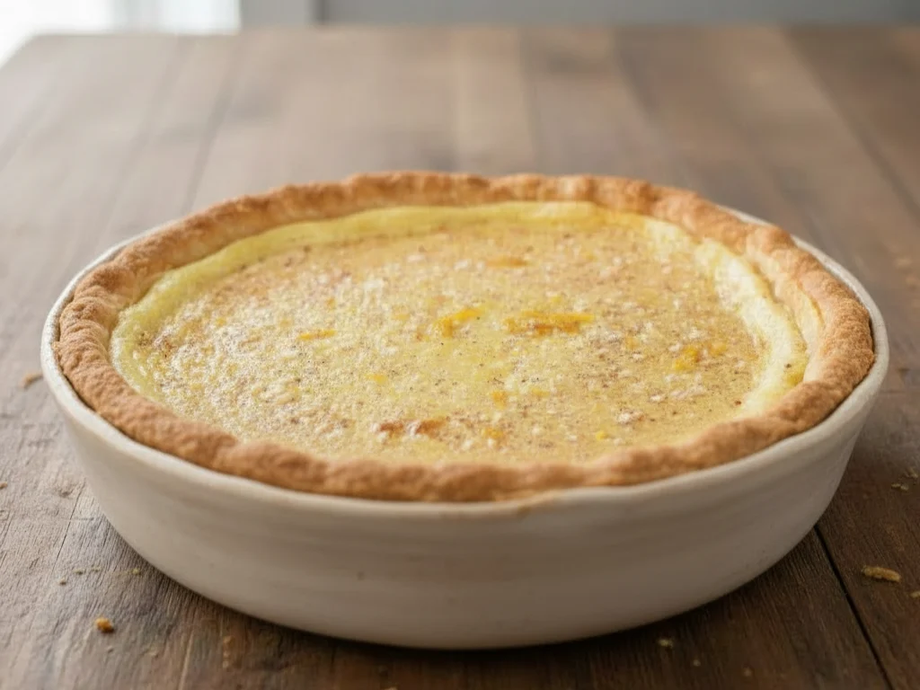 Old fashioned custard pie baked in a ceramic dish with golden crust and creamy custard filling