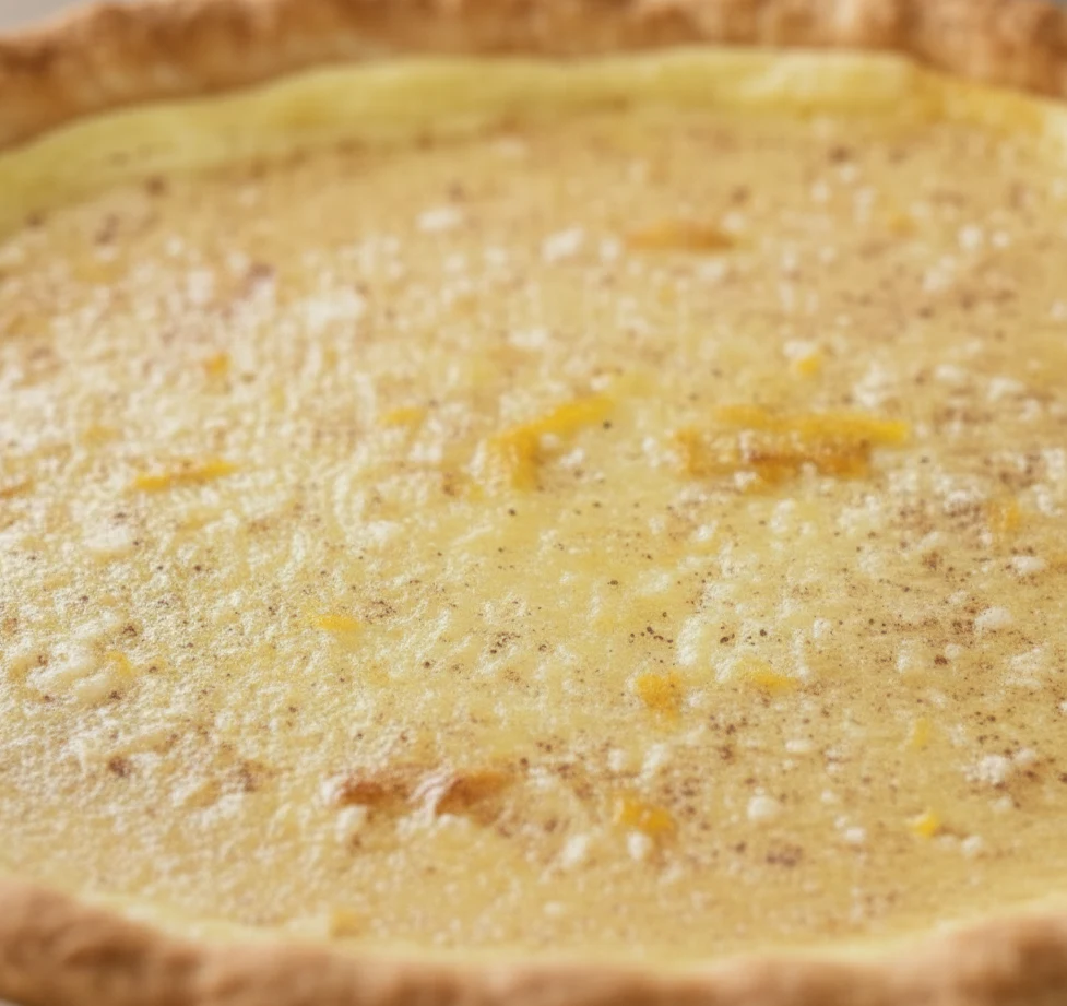 Close up of old fashioned custard pie showing creamy custard texture with nutmeg and baked surface