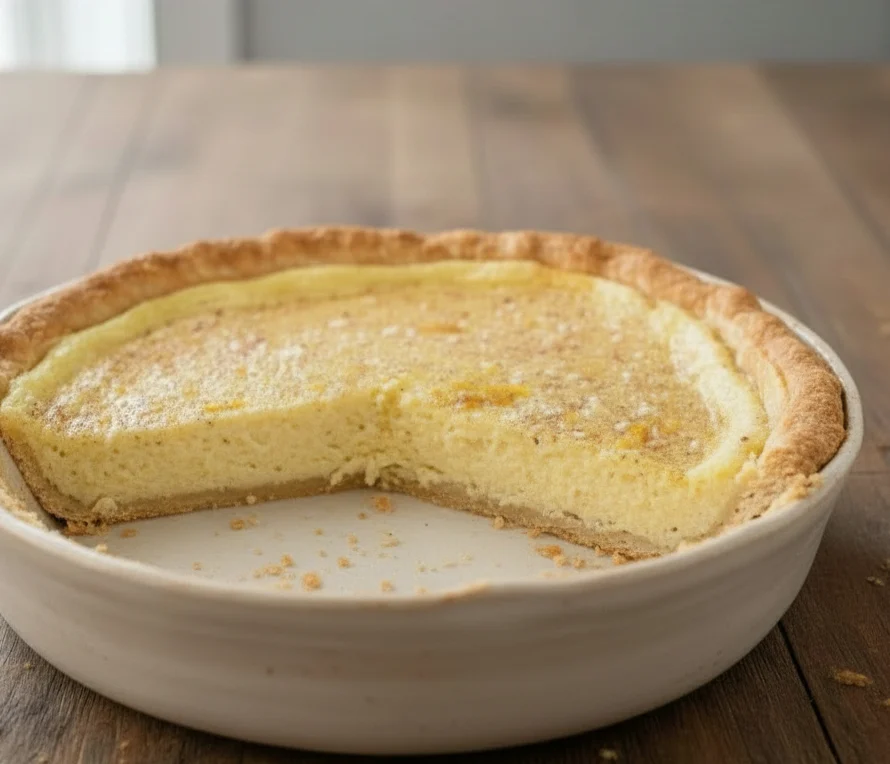 Old fashioned custard pie with one slice removed showing creamy custard filling and flaky crust