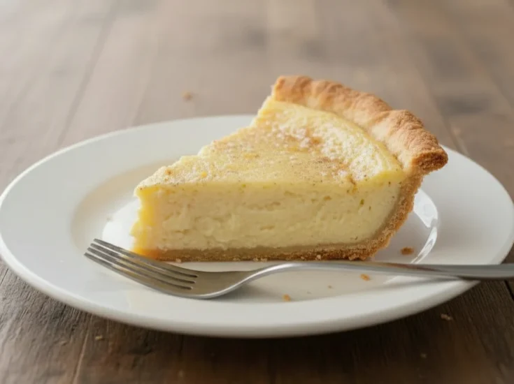 Slice of old fashioned custard pie on a white plate with creamy custard filling and flaky crust