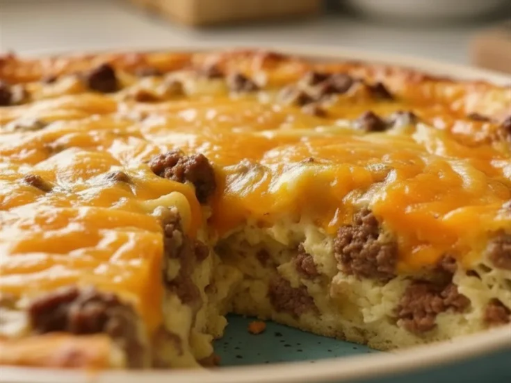 Close-up of one-pan cheeseburger pie showing layers of ground beef and melted cheddar