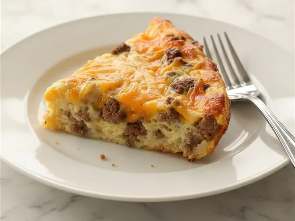 Slice of one-pan cheeseburger pie served on a white plate with melted cheddar and beef