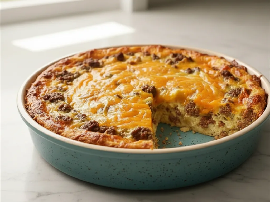 One-pan cheeseburger pie with a slice removed showing beef and melted cheddar