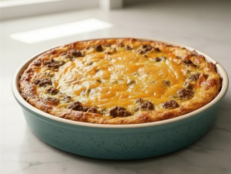 One-pan cheeseburger pie baked in a ceramic dish with melted cheddar and ground beef