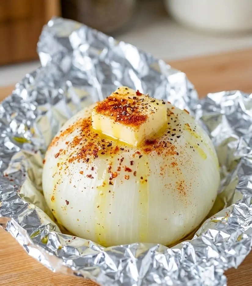 Prepared onion boil recipe in foil with butter and seasoning before baking