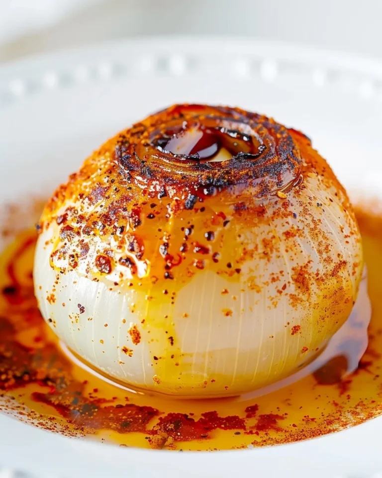 Oven roasted onion boil recipe with caramelized top and paprika butter oil on white plate