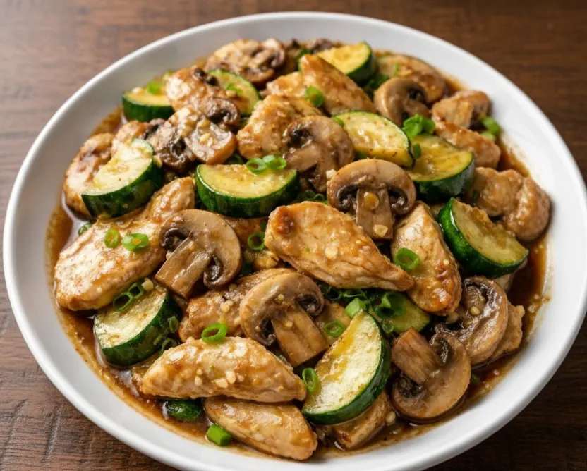 Panda Express mushroom chicken copycat with tender chicken breast, mushrooms, and zucchini in a savory garlic sauce served on a white plate