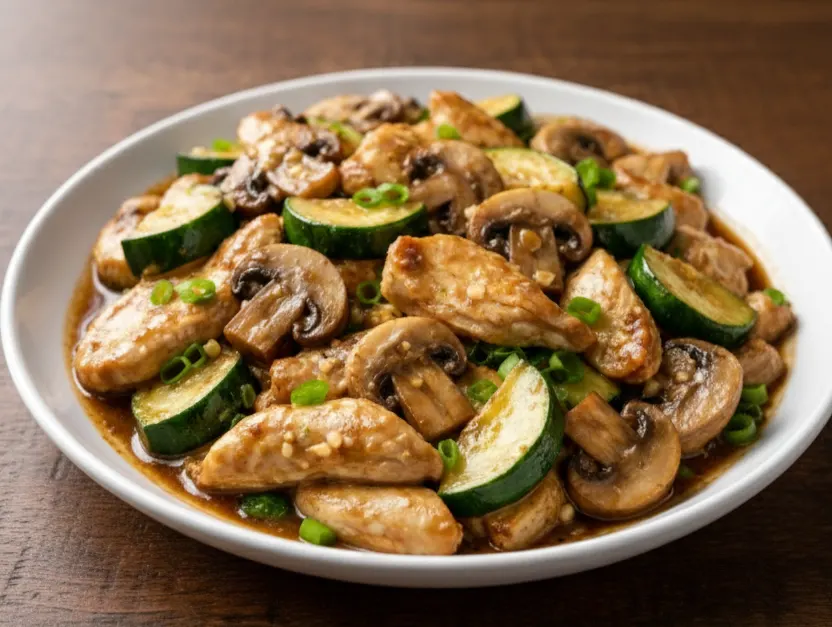 Panda Express mushroom chicken copycat served on a white plate with chicken breast, mushrooms, zucchini, and savory garlic sauce