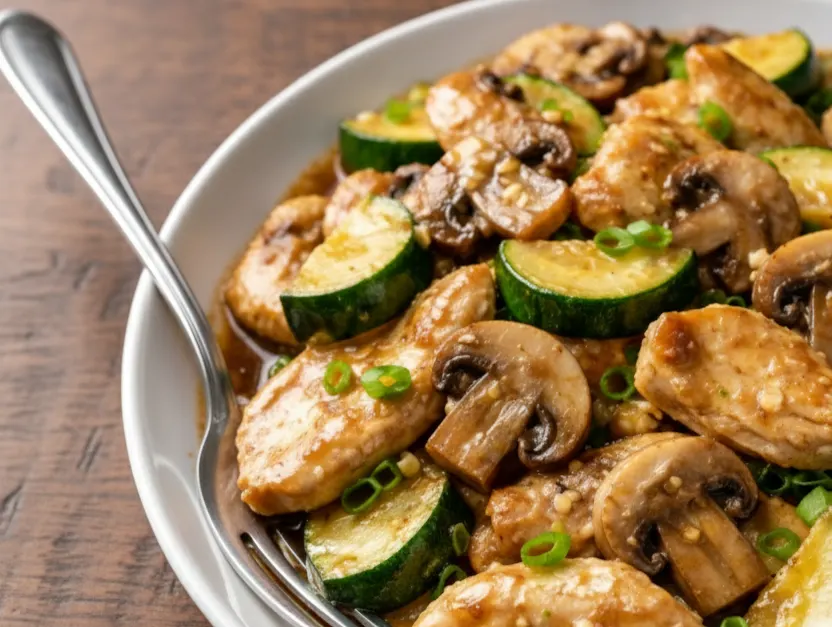Panda Express mushroom chicken copycat with tender chicken, sautéed mushrooms, and zucchini in savory garlic sauce served on a white plate