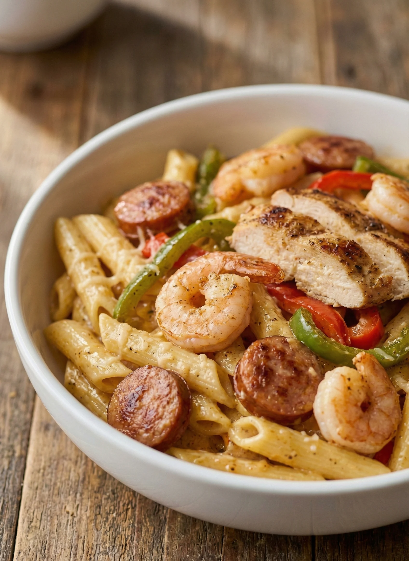 Vertical close-up of Pappadeaux Mardi Gras Pasta Copycat with shrimp, grilled chicken, sausage, and bell peppers in creamy Cajun sauce