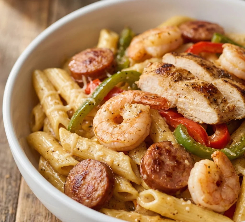 Close-up of creamy Pappadeaux Mardi Gras Pasta Copycat with shrimp, grilled chicken, andouille sausage, and bell peppers in Cajun cream sauce