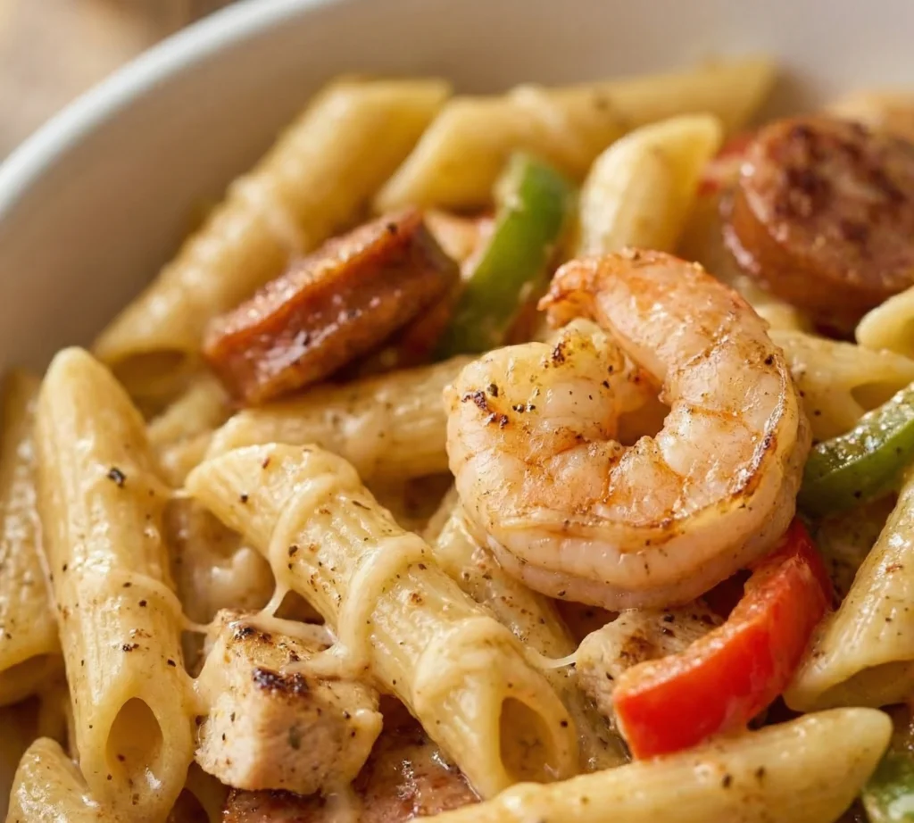 Close-up of creamy Pappadeaux Mardi Gras Pasta Copycat with shrimp, sausage, chicken, and bell peppers in Cajun Parmesan sauce