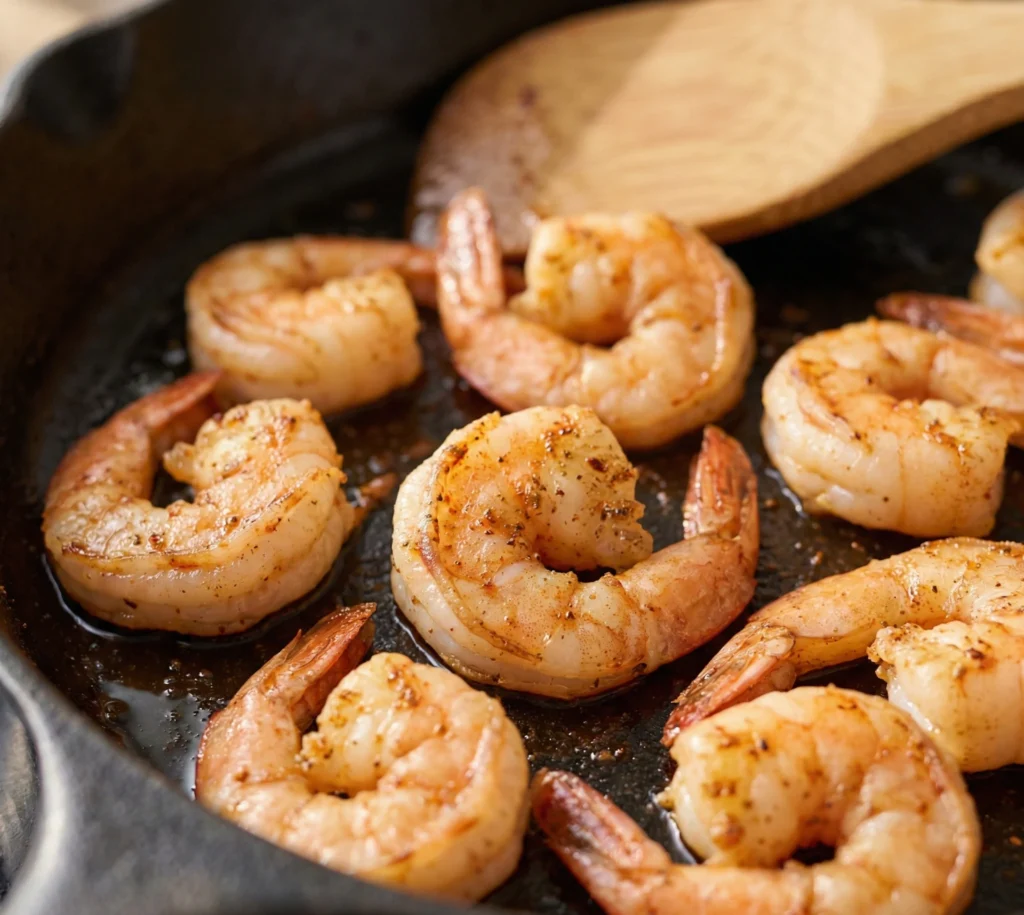 Shrimp cooking in skillet with Cajun seasoning for Pappadeaux Mardi Gras Pasta Copycat