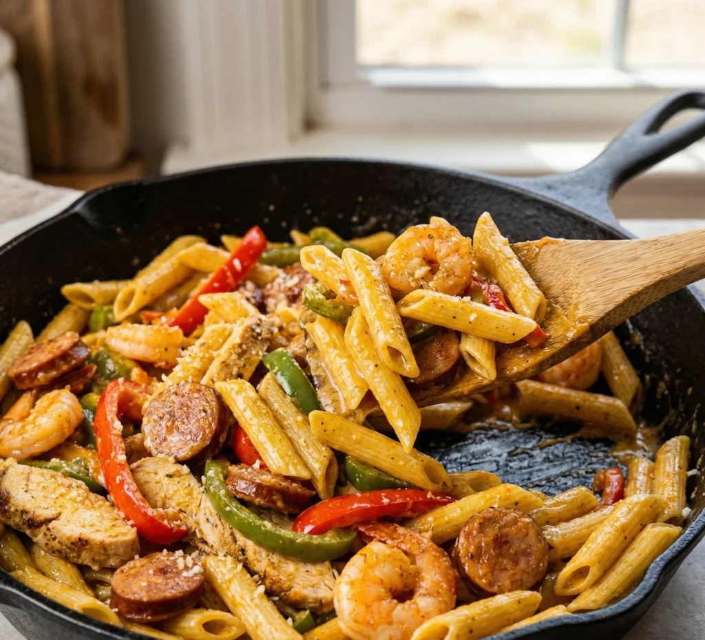 Pappadeaux Mardi Gras Pasta Copycat being tossed in skillet with shrimp, chicken, sausage, and bell peppers in creamy Cajun sauce