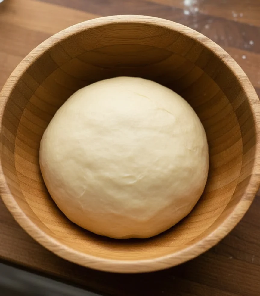 Pie crust dough ball resting in wooden bowl, homemade pie crust recipe preparation