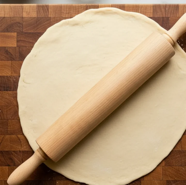 Rolled pie crust dough on wooden board with rolling pin, homemade pie crust recipe preparation