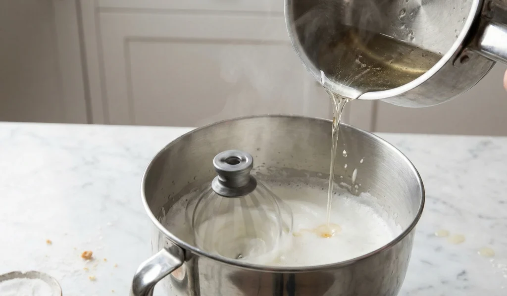 Hot sugar syrup being poured into whipped egg whites for Hazelnut Chocolate Nougat