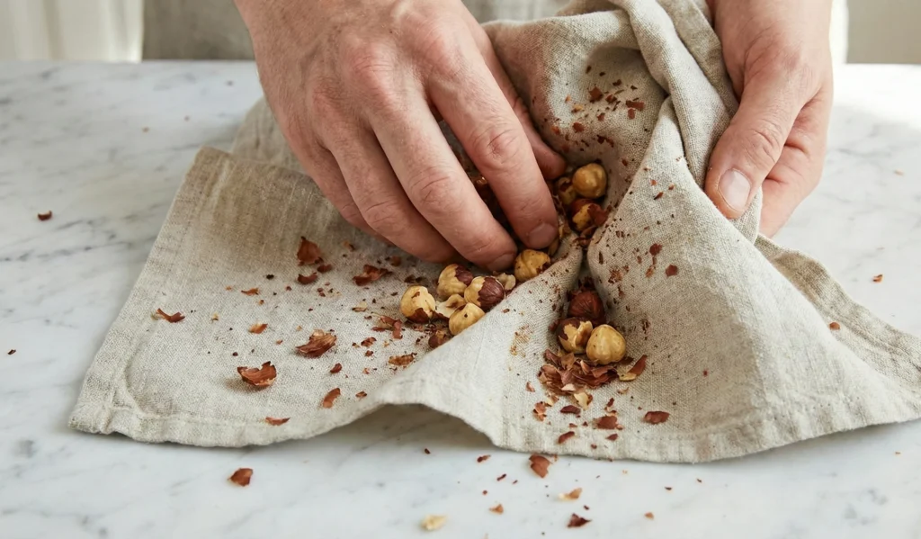 Rubbing toasted hazelnuts in towel to remove skins for Hazelnut Chocolate Nougat