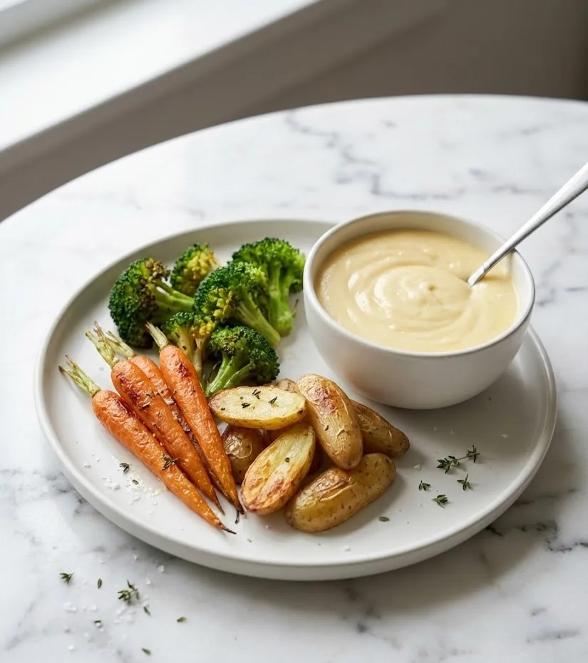 Roasted carrots, broccoli, and baby potatoes served with creamy cheese fondue on a marble table