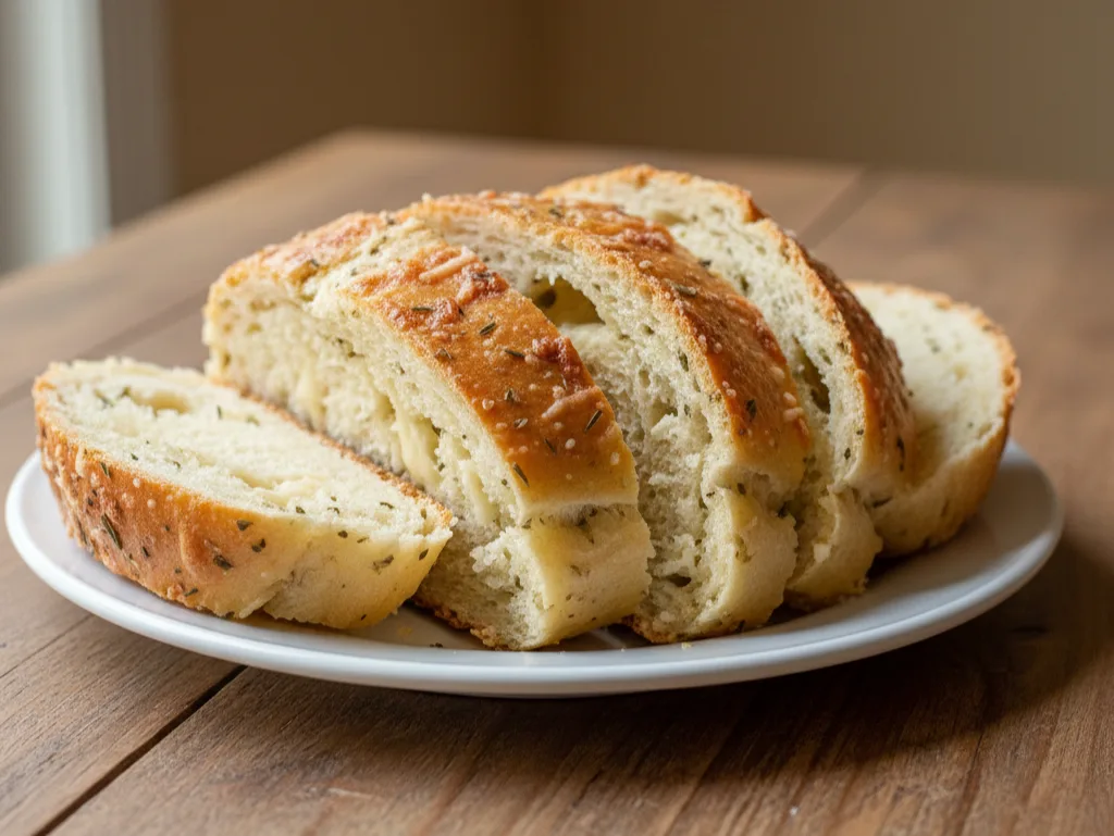 Sliced Italian herb and cheese bread on a white plate over a wooden table