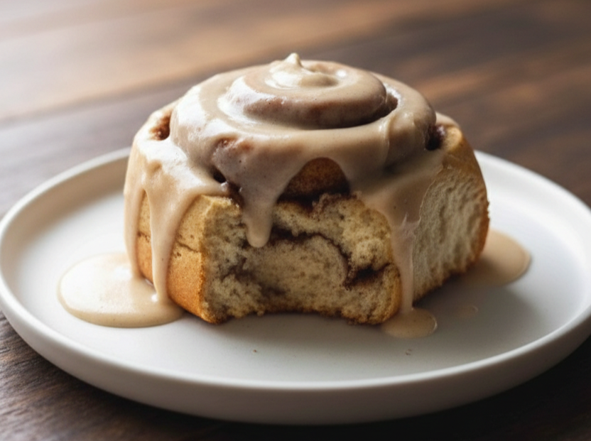 Soft banana bread cinnamon roll with cream cheese glaze on a white plate over wooden table