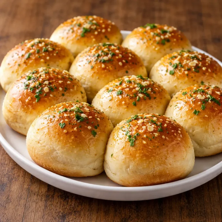 Close-up of soft and buttery garlic bread rolls with golden tops, garlic bits, and parsley on a white plate over a wooden surface.