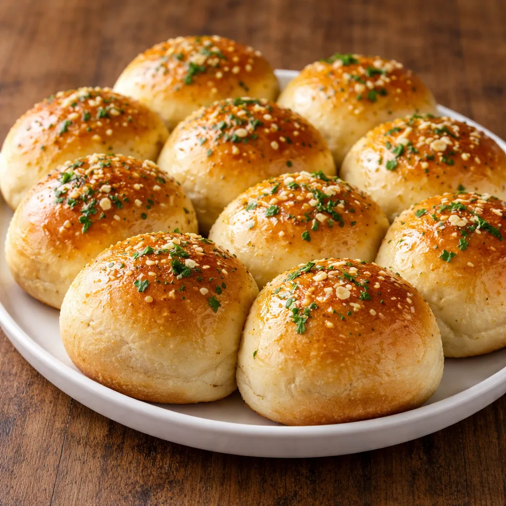 Close-up of soft and buttery garlic bread rolls with golden tops, garlic bits, and parsley on a white plate over a wooden surface.