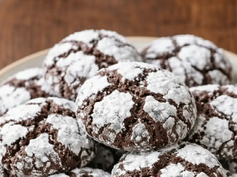 Stacked chocolate crinkle cookies with powdered sugar cracks on a plate over a wooden surface