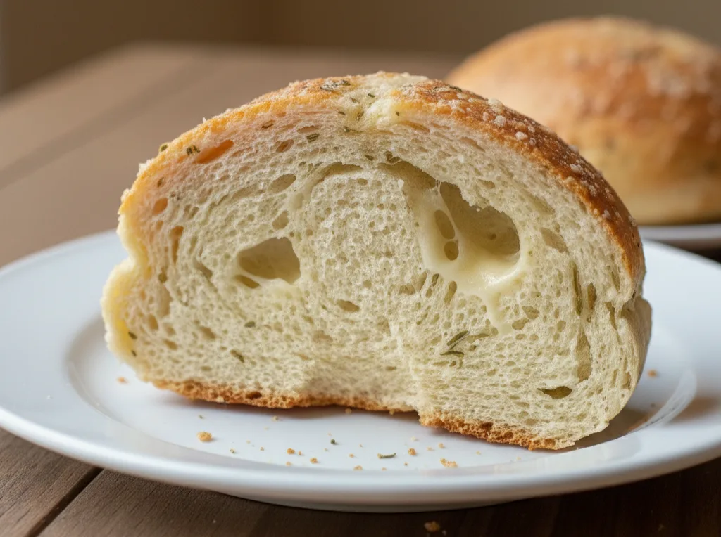 Close-up slice of Italian herb and cheese bread with melted cheese pockets on a white plate