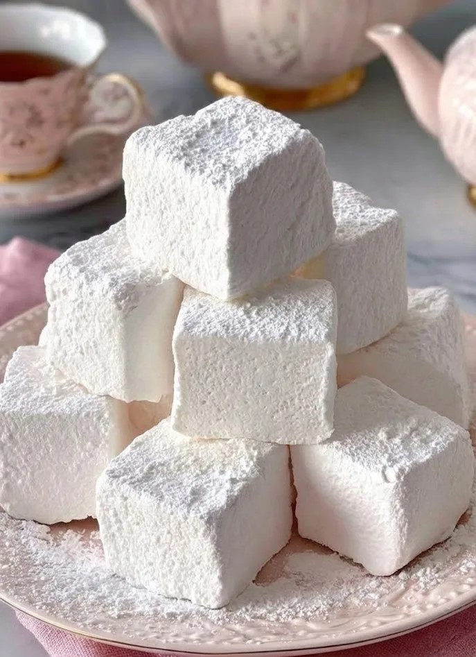 Stacked homemade marshmallows dusted with powdered sugar on pink ceramic plate
