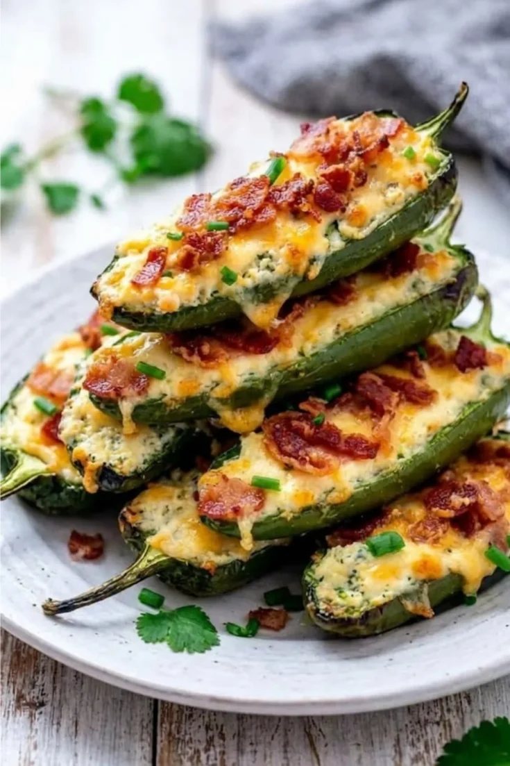 Stacked Keto Jalapeno Popper Bites with melted cheese and crispy bacon on a white plate