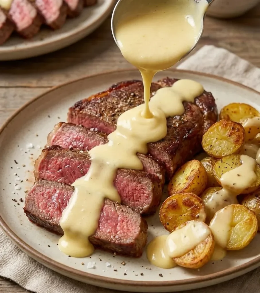Sliced steak with creamy cheese fondue sauce and roasted baby potatoes on a rustic plate