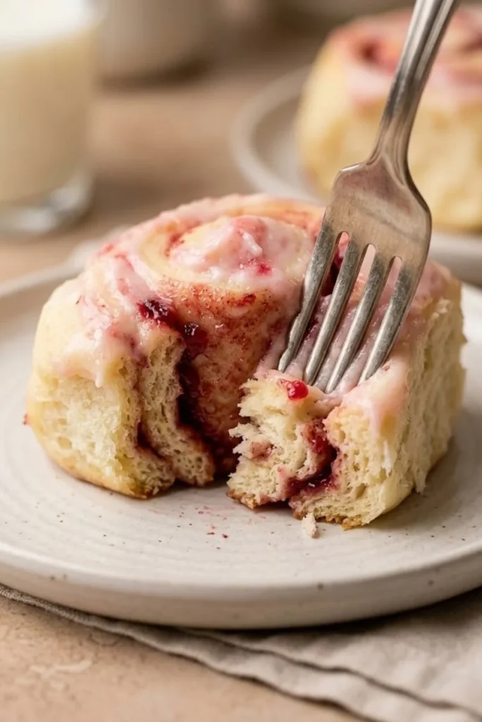 Strawberry cinnamon roll with fork cutting into soft fluffy center and glaze