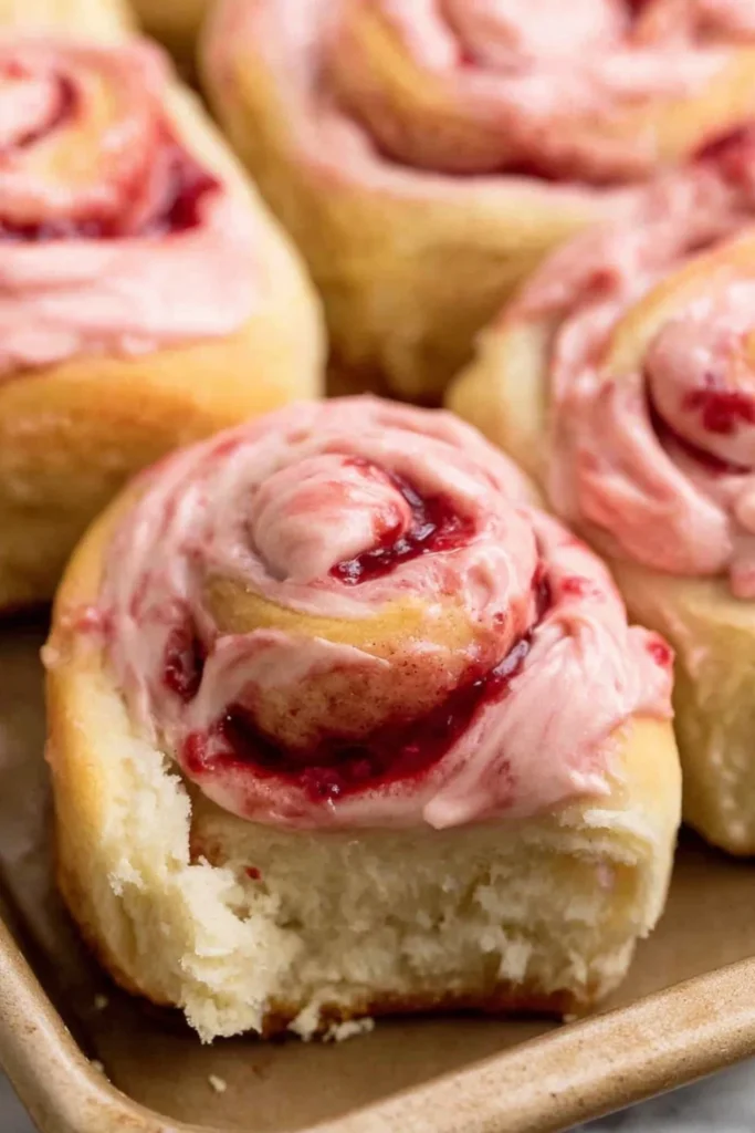 Soft strawberry cinnamon roll with creamy glaze and fluffy interior texture