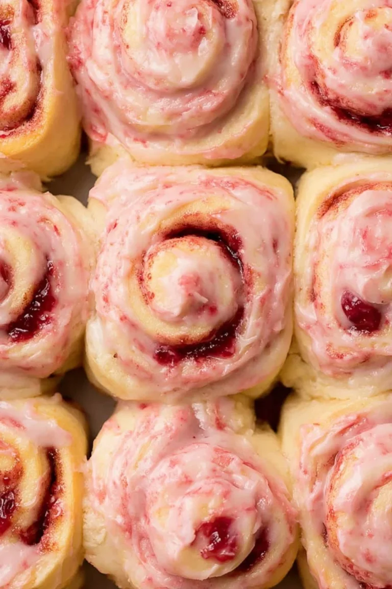 Close up strawberry cinnamon rolls with creamy glaze and juicy strawberry swirl