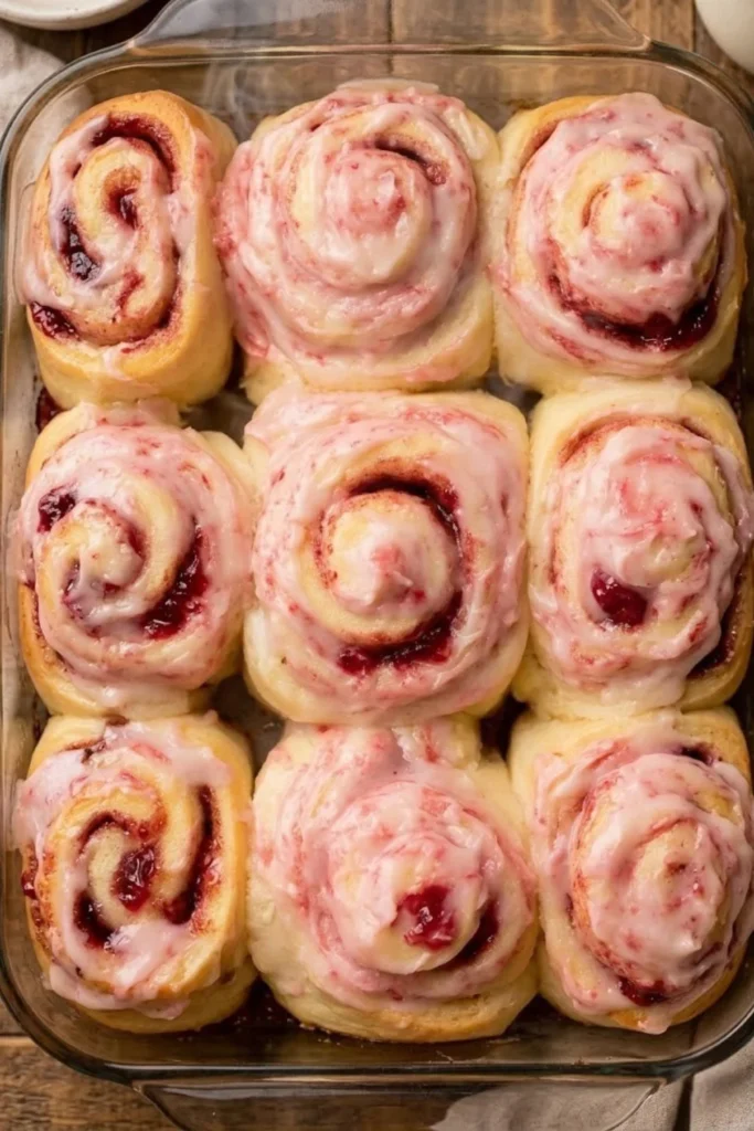 Soft homemade strawberry cinnamon rolls with creamy glaze baked in glass dish