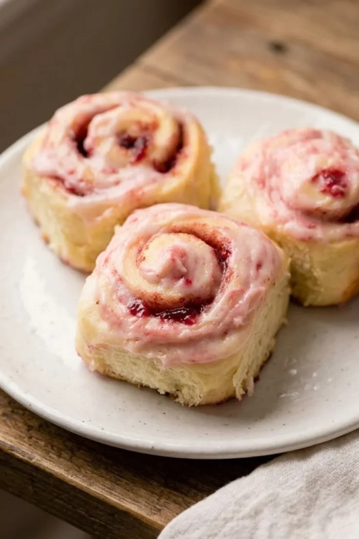 Three homemade strawberry cinnamon rolls with pink glaze on white plate