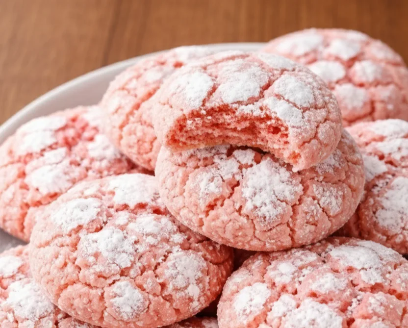 Strawberry crinkle cookies stacked on a white plate with one cookie bitten to show the soft pink interior and powdered sugar cracks