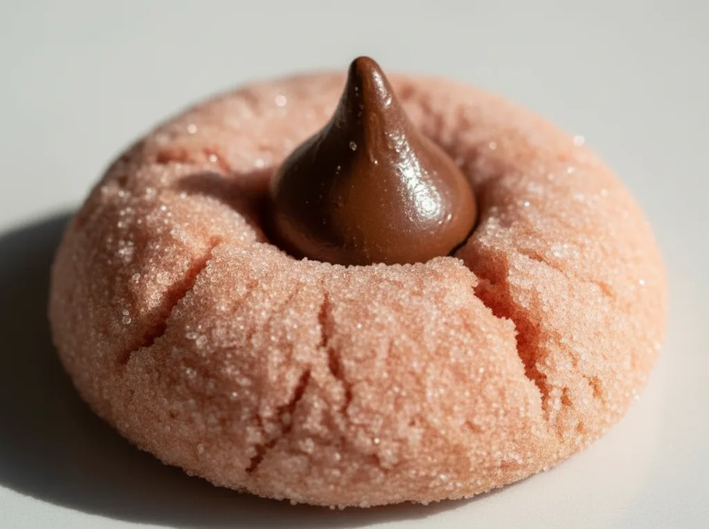 Close up of a strawberry kiss cookie with a chocolate center