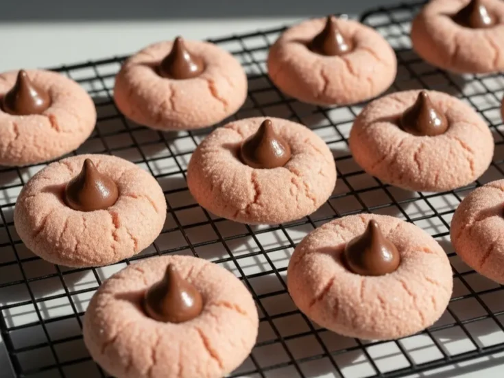 Strawberry kiss cookies cooling on a wire rack with chocolate centers