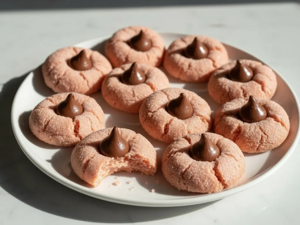Pink strawberry cookies with chocolate kisses on a plate
