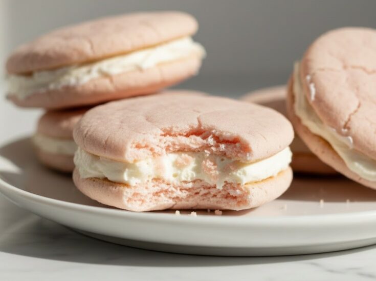 Strawberry shortcake sandwich cookies with soft cracked tops and creamy filling